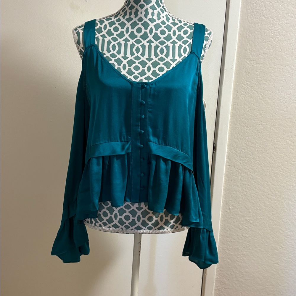 Maeve Teal Buttoned Ruffle Blouse - Picture 2 of 6